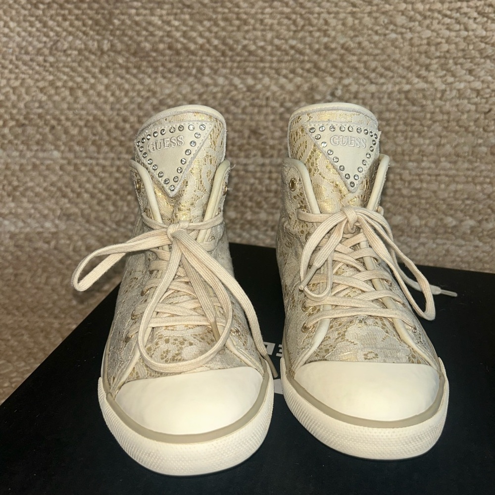 Guess Cream and Gold High-Top Sneakers